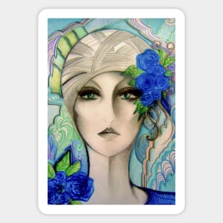 BLUE ART DECO 70S DOLLY GIRL IN TURBAN Sticker